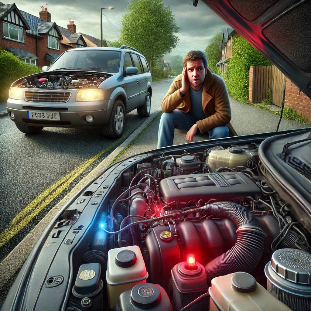 A man in distress kneeling by his broken-down SUV on a street, with another car's hood open, showing a complex engine.