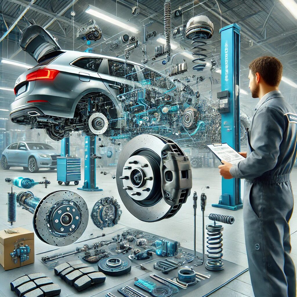 A mechanic inspects a car suspended in a high-tech garage with various car parts floating around in an exploded view.