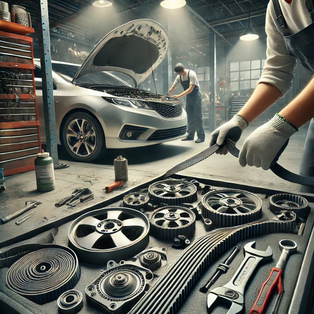 A mechanic holding a timing belt with a toolset, while another mechanic works on a car engine in the background.