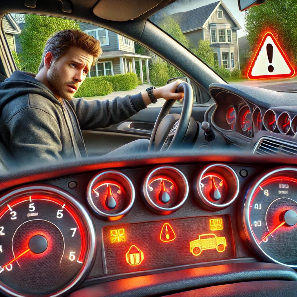 A concerned driver looking at his car's dashboard with multiple warning lights illuminated, highlighting tune-up issues.