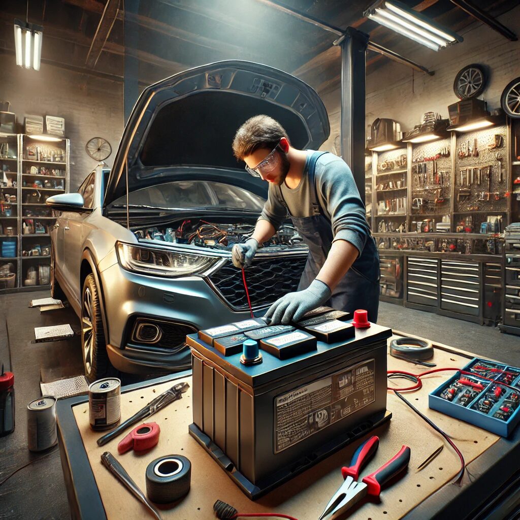 Mechanic wearing safety goggles working on a car, with a large car battery and tools on a table in a well-equipped garage.