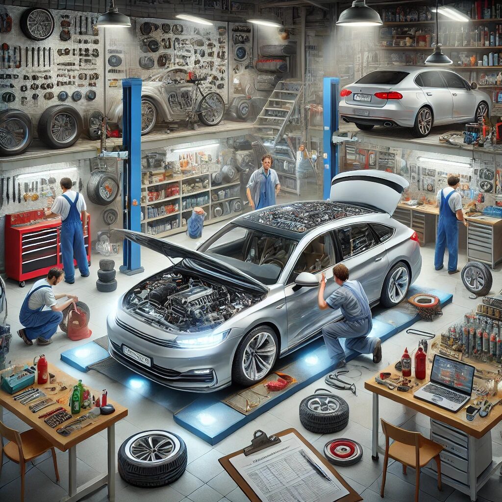 Mechanics in a well-organized garage working on cars with various tools, tires, and equipment, illustrating car maintenance.