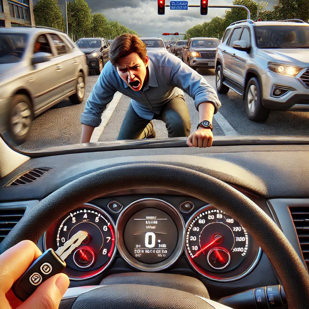 A man angrily yells at the hood of a car, surrounded by traffic, with the driver's view of the dashboard and 0 mph.