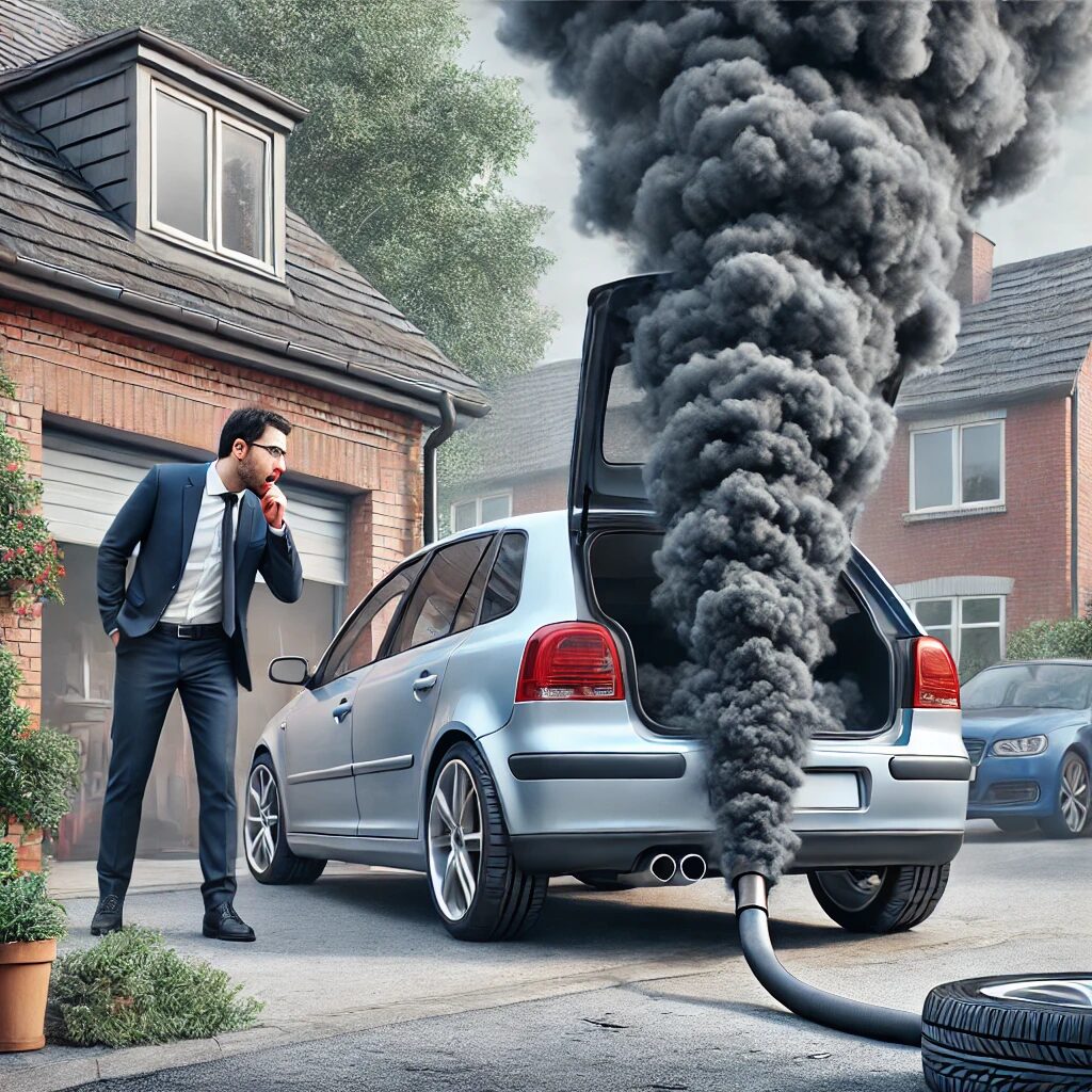 A man in a suit observes a car emitting thick black smoke from the exhaust that badly needs tune-up maintenance.