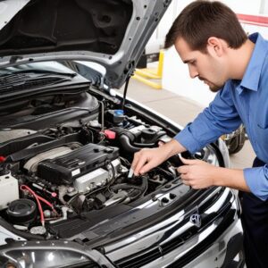 Technician performing vehicle inspection for auto emissions testing in Loveland, CO, ensuring compliance with regulations.