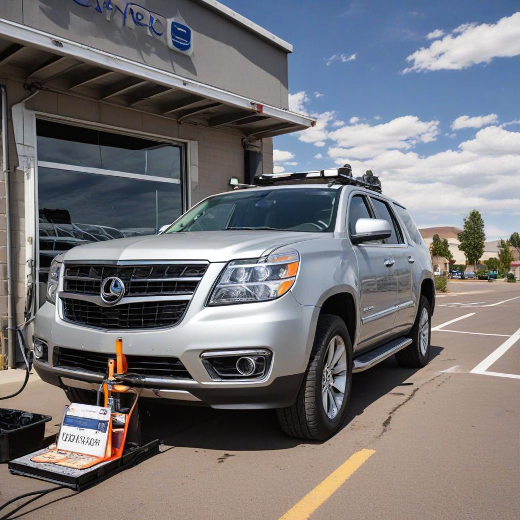 Silver SUV undergoing emissions testing at an auto service center on a clear day, with equipment connected to the vehicle.