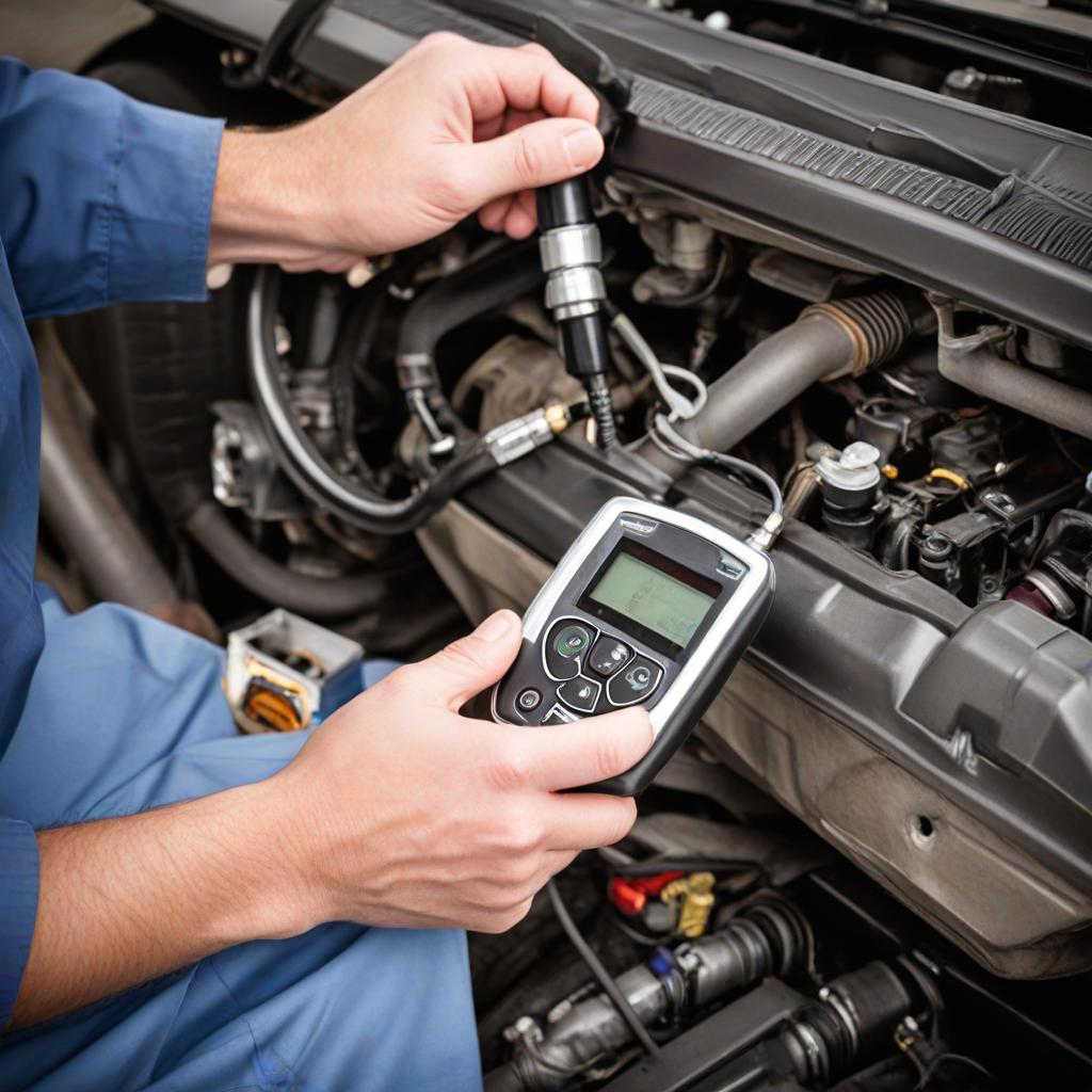 Mechanic performing an engine diagnostic test using specialized equipment to measure emissions from a car engine.