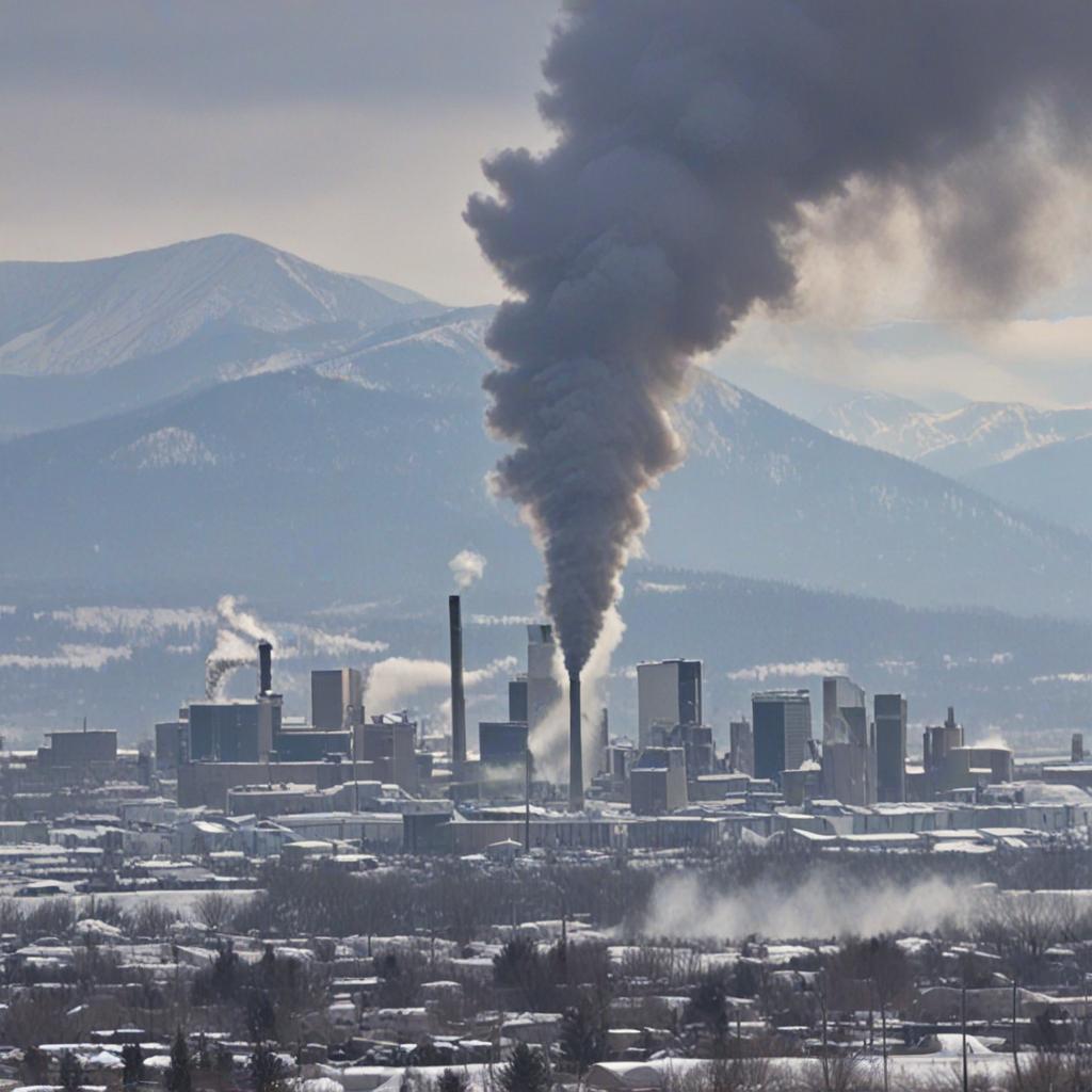 Industrial facility emitting large plumes of smoke into the air with a snowy landscape and mountains in the background.