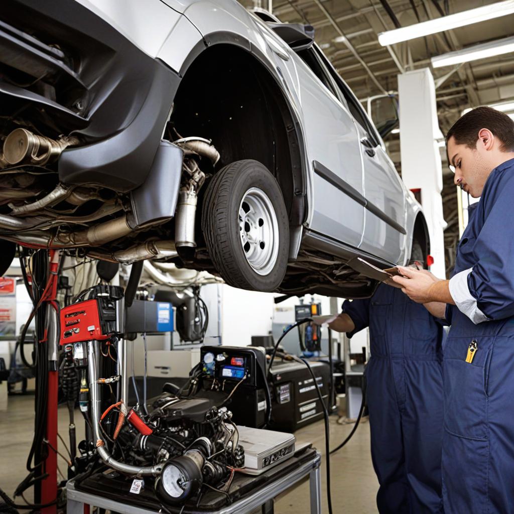 Mechanics performing a vehicle inspection with a car lifted on a hoist and diagnostic equipment in an auto service center.