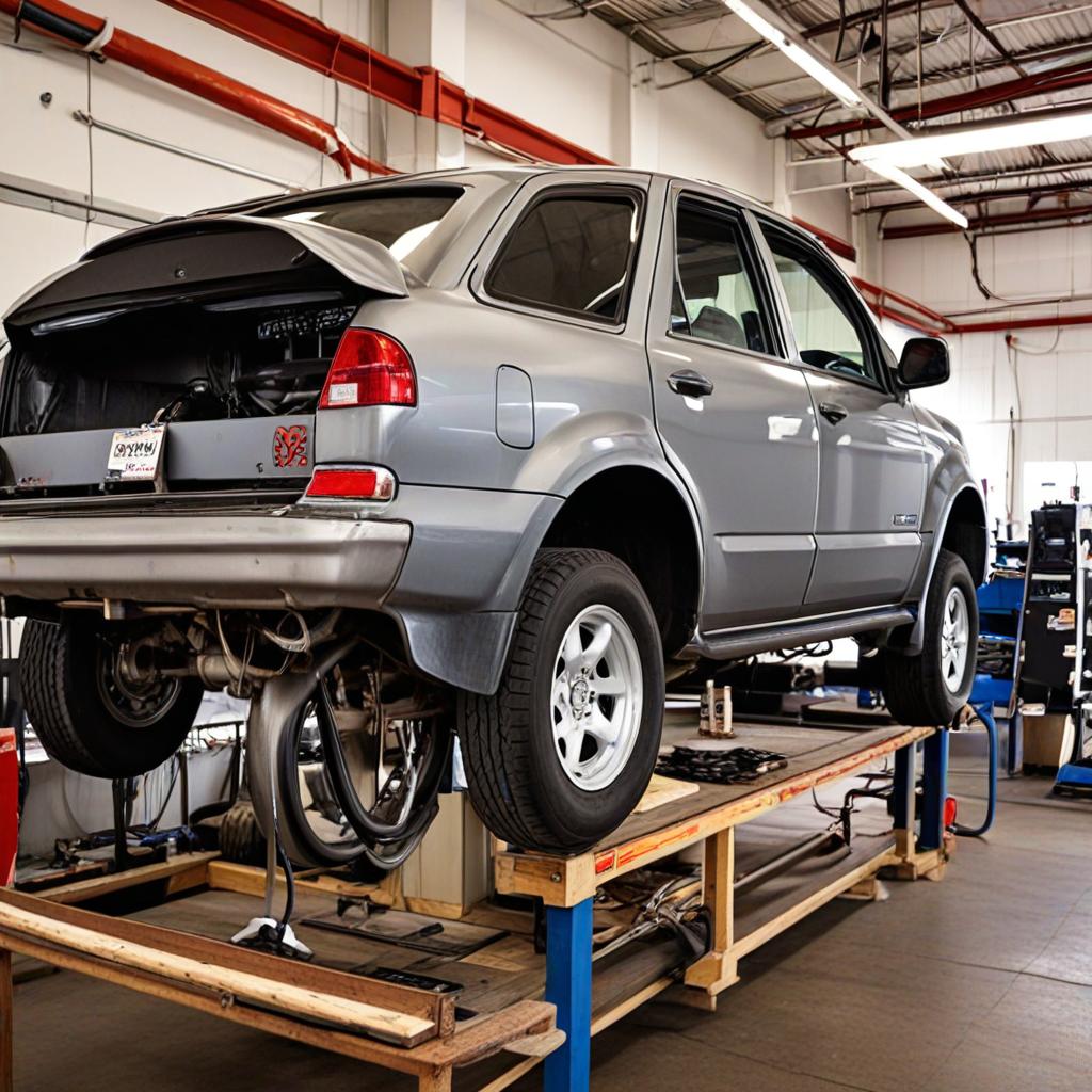 SUV raised on a platform for maintenance or inspection at an auto service center with tools and equipment in the background.