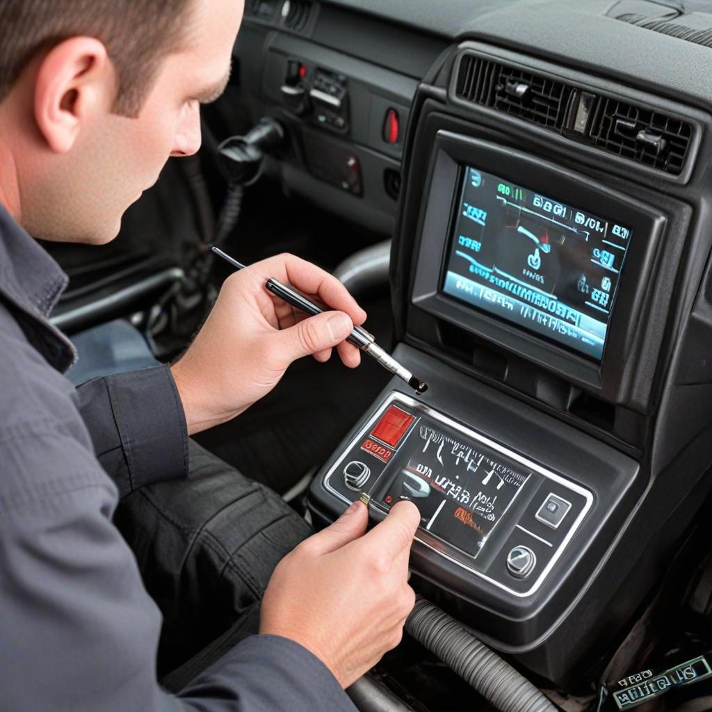 A technician with a diagnostic tool inside a vehicle analyzes electronic systems and engine performance on a digital display.