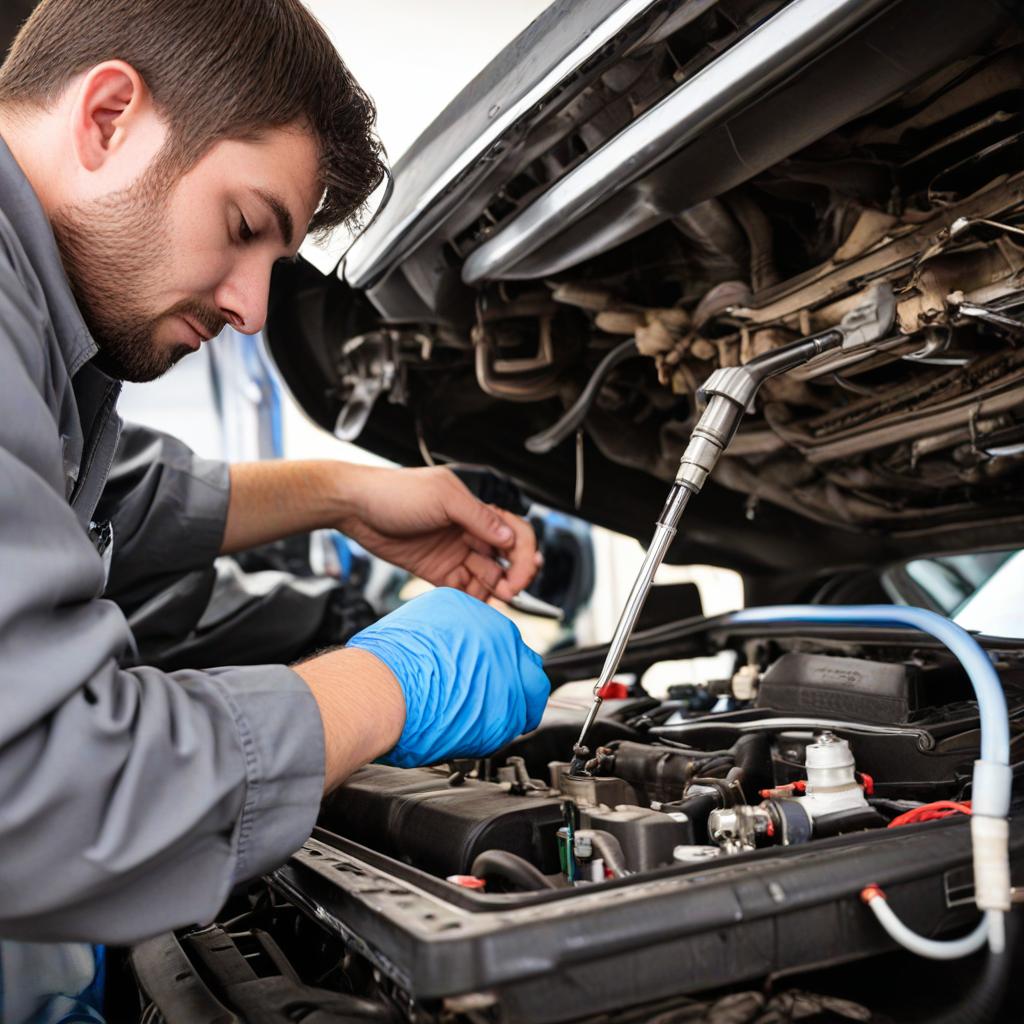 Mechanic working on the vehicle, performing engine maintenance with tools, and wearing blue gloves in an auto repair shop.