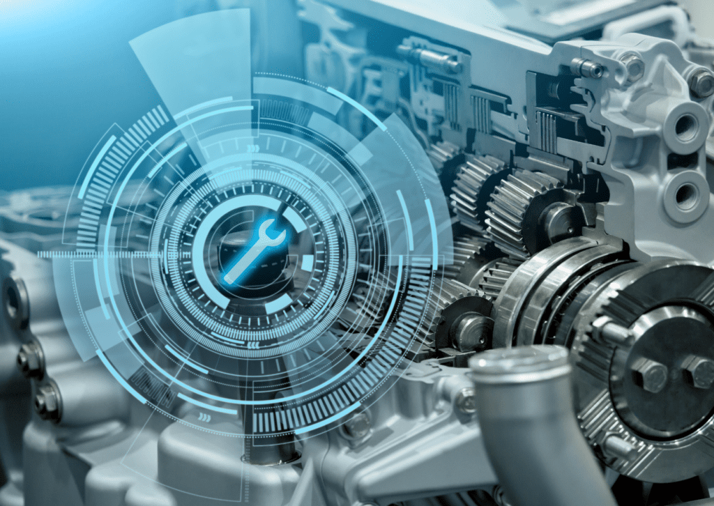 Futuristic visualization of transmission repairs with digital interface overlay on a detailed view of transmission gears.
