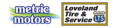 Logos of Metric Motors and Loveland Tire & Service, two automotive repair and service businesses in Colorado.