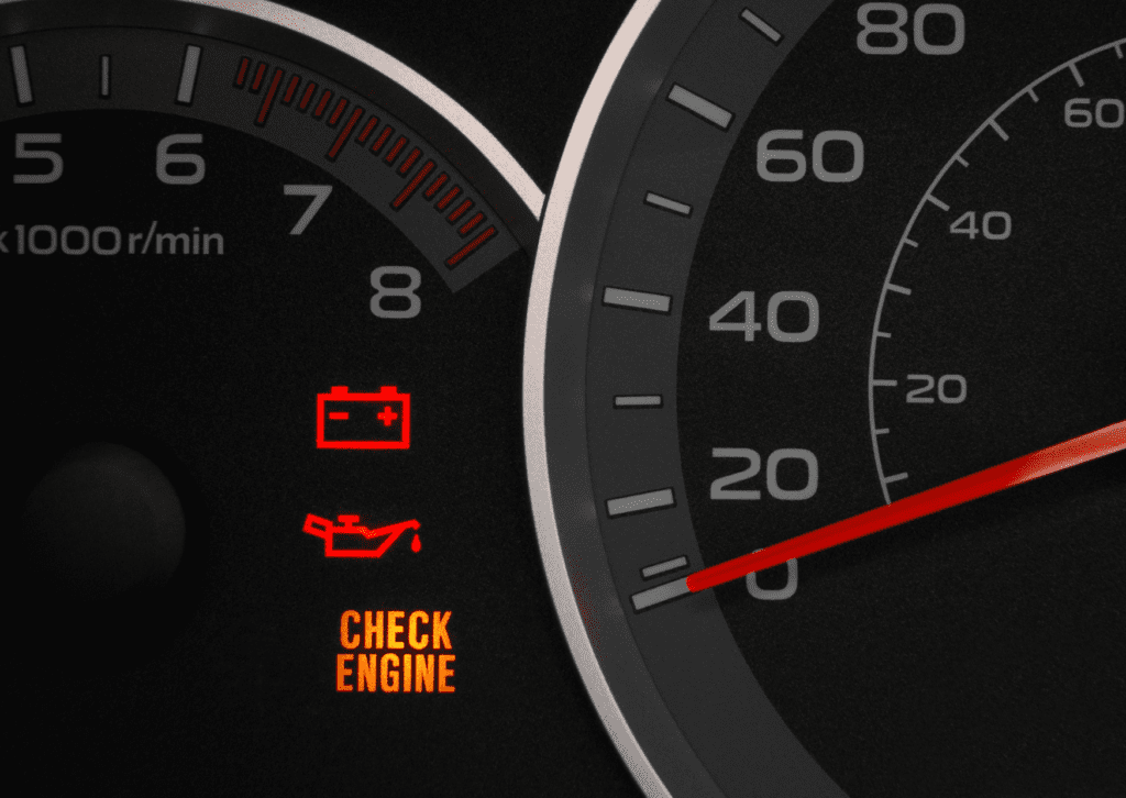 Car dashboard with illuminated warning lights, including check engine light diagnostic, battery, and oil.