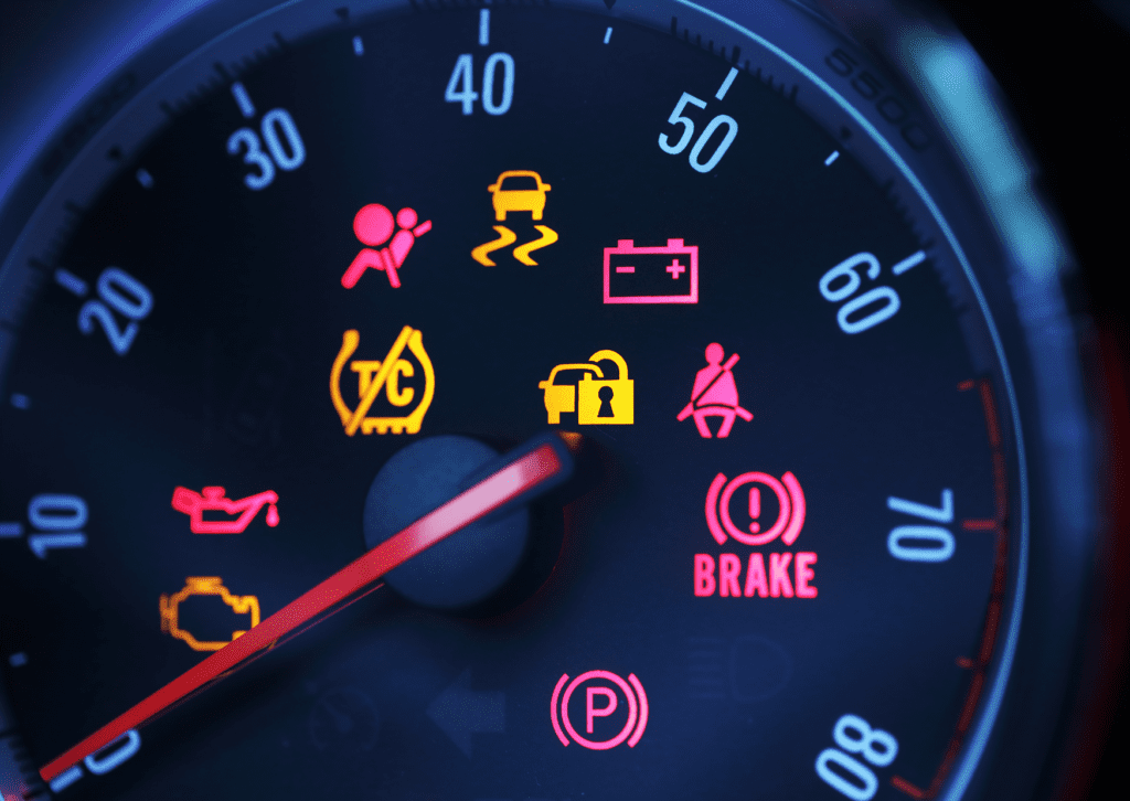 Close-up of a car dashboard with multiple warning lights, including oil, battery, seatbelt, and brake alerts.