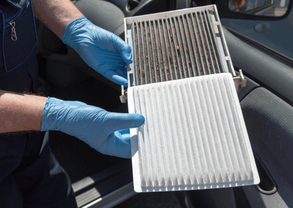 Technician with gloves holds dirty and clean car cabin air filters for comparison during replacement.