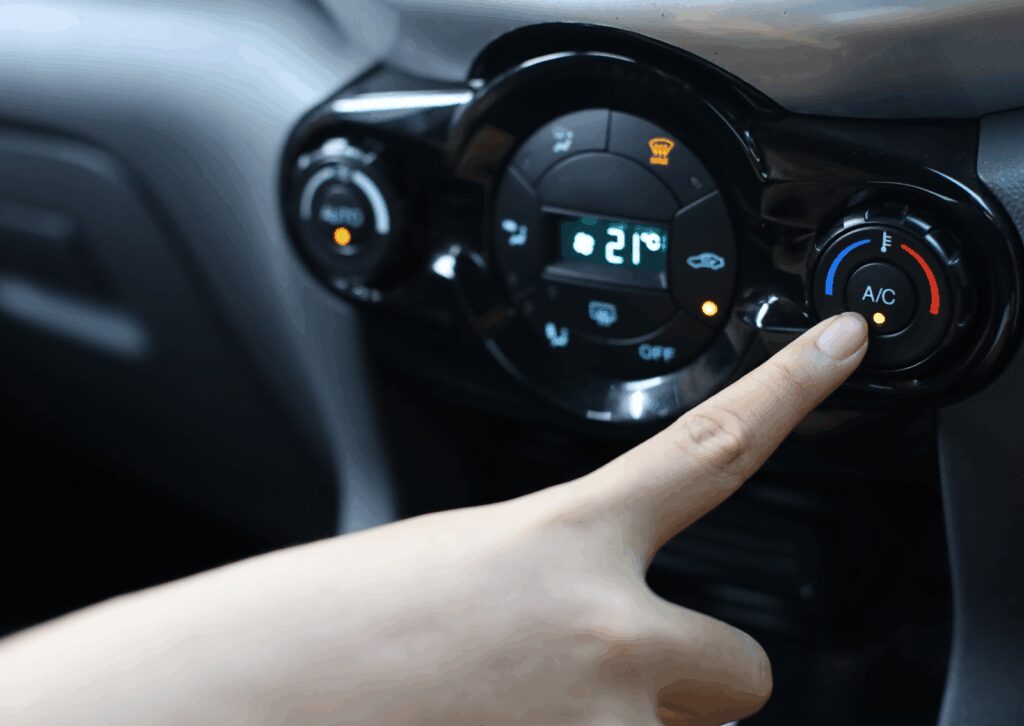 Finger pressing A/C button on car dashboard, showing climate control as part of vehicle’s electrical system.