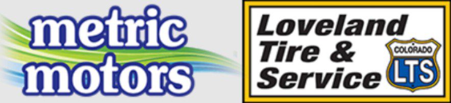 Logos for Metric Motors and Loveland Tire & Service, automotive service providers located in Colorado.