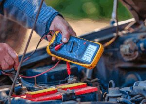 Technician using a multimeter to test which vehicle instrument measures the voltage in a vehicle’s electrical system.