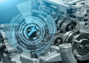 Futuristic gears with digital overlay symbolizing automatic transmission repairs and vehicle diagnostics.