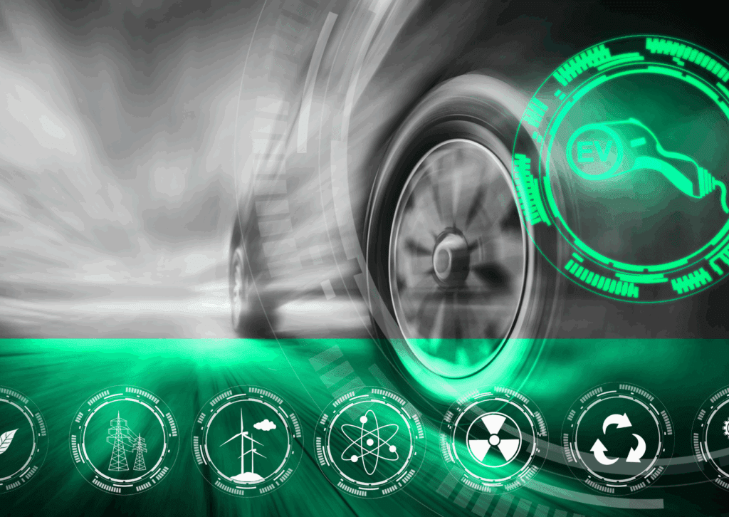 Futuristic concept of electric vehicle with green EV charging and renewable energy icons in motion effect.