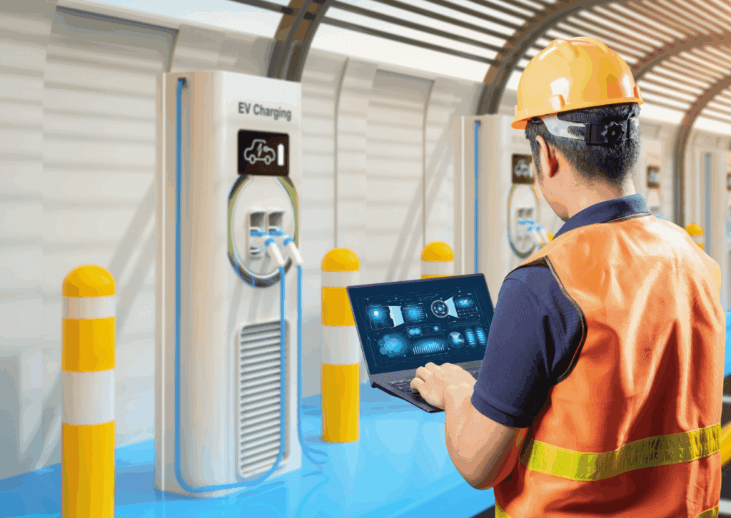 Engineer with a laptop monitoring EV charging station systems while wearing a safety vest and helmet.