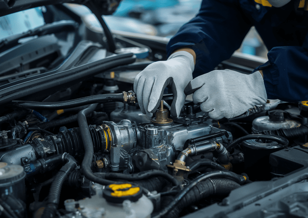 Gloved mechanic hands adjusting components in open car engine bay during maintenance and repair work.