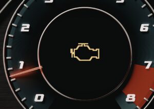 Close-up dashboard tachometer with check engine light flashing, needle near 1, red zone ahead glow.