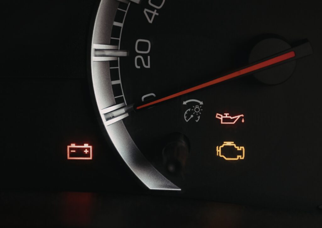 Dashboard warning lights lit beside tachometer, including battery, oil, and check engine icons.