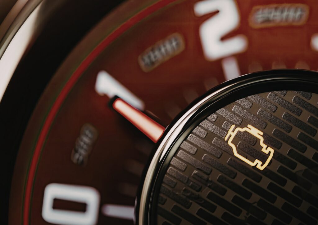 Close-up dashboard gauge with check engine light flashing, tachometer needle near 1 and warm glow.