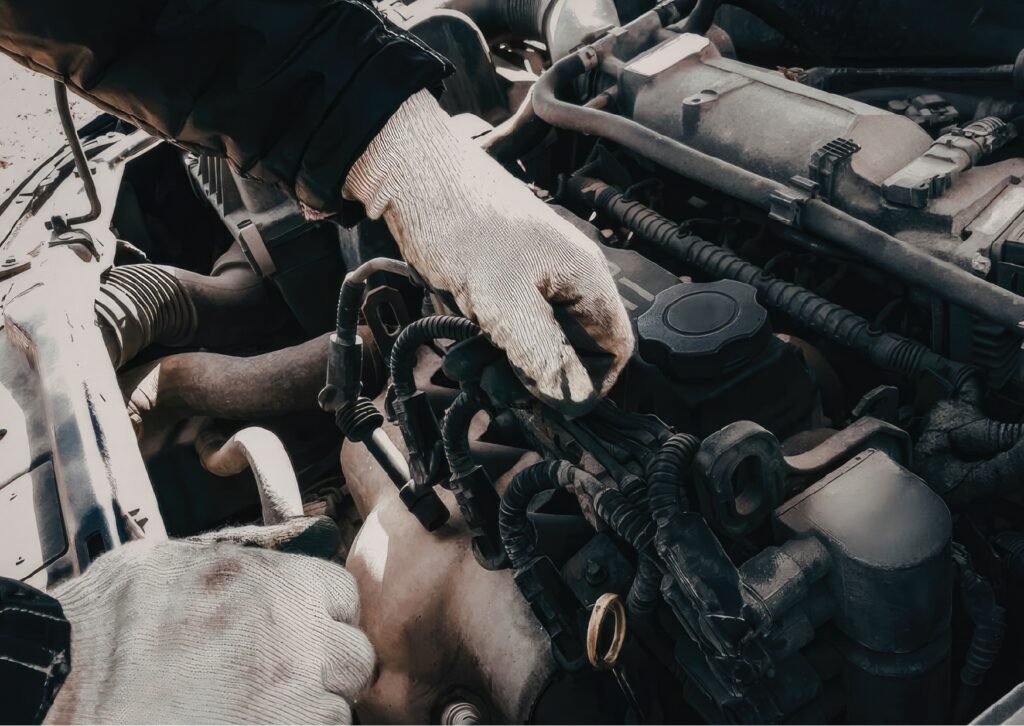 Gloved mechanic inspecting engine bay components during hands-on vehicle repair under open hood.