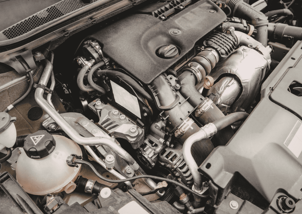 Open car engine bay related to flashing check engine light diagnosis and component inspection.