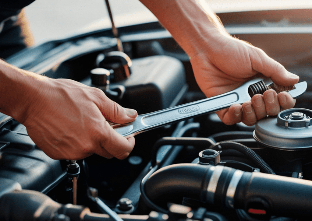 Hands using wrench over open engine bay during car repair and routine maintenance inspection.