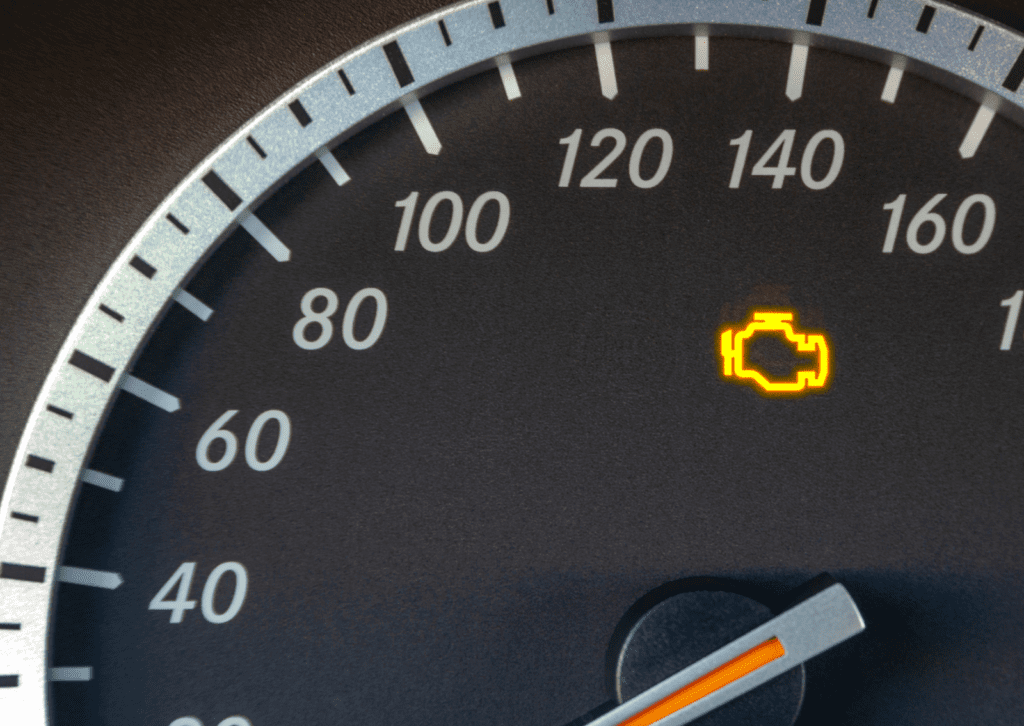 Close-up dashboard showing flashing check engine light on speedometer during vehicle alert.