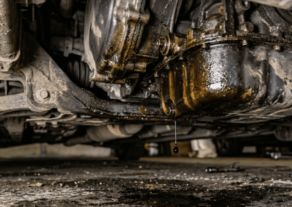 Oil leaks from underside of car engine, with dark drip falling to stained garage floor below.