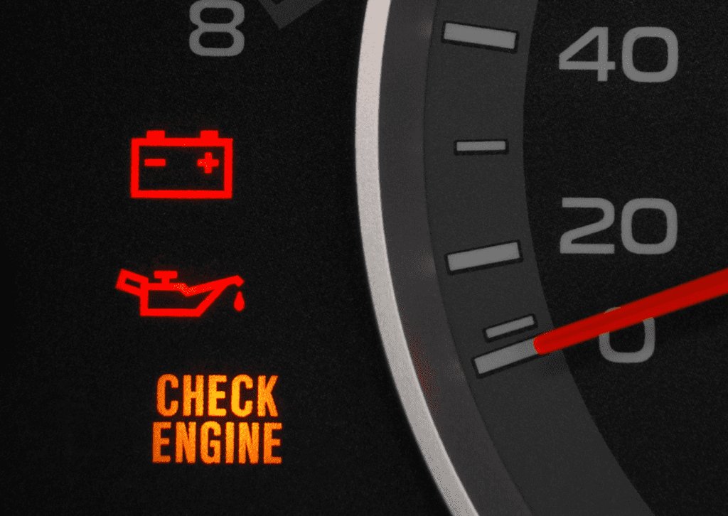 Dashboard showing battery, oil, and flashing check engine light vs solid warning indicators 