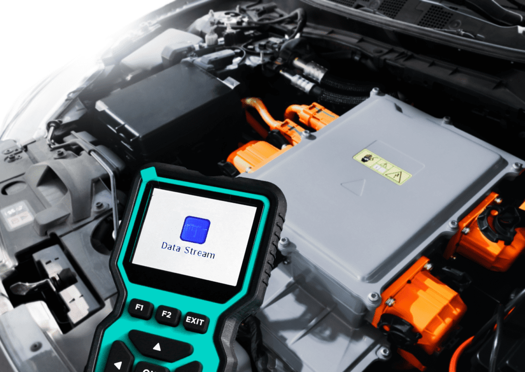 Diagnostic scan tool reading data from hybrid vehicle battery and high-voltage system components 