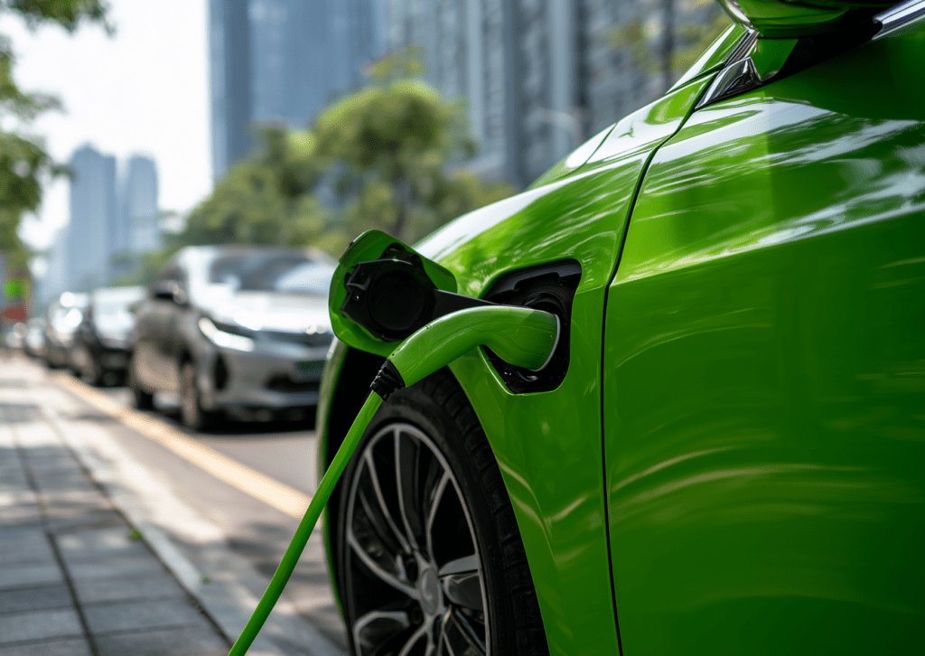 Green electric car charging in city traffic for hybrid and luxury vehicle service awareness 