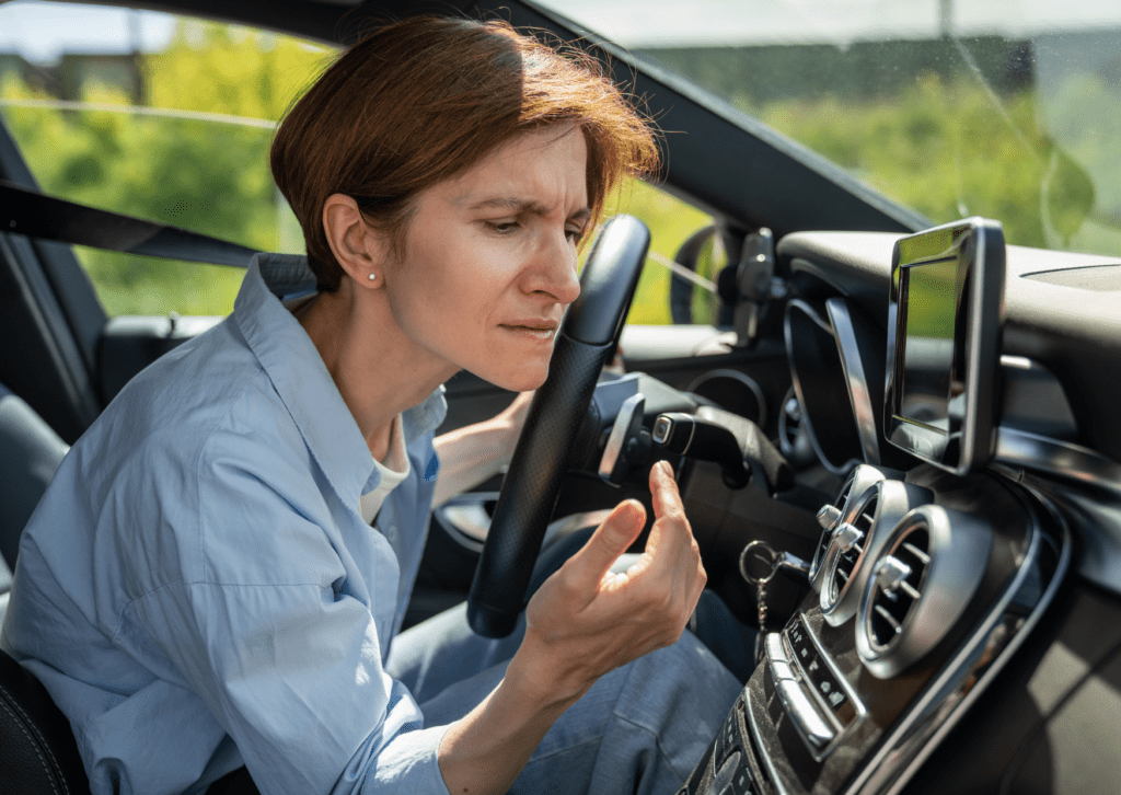 Driver checking car vents and controls while noticing possible air conditioning problem in cabin
