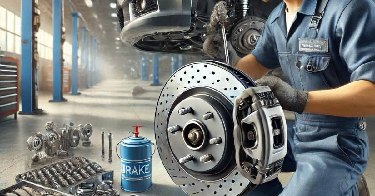 Brake Repair: A mechanic in a garage meticulously works on a car's brake system, surrounded by tools and brake components.