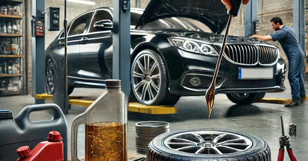 Mechanic performing an oil change and tire check in a garage, highlighting essential car maintenance tasks.