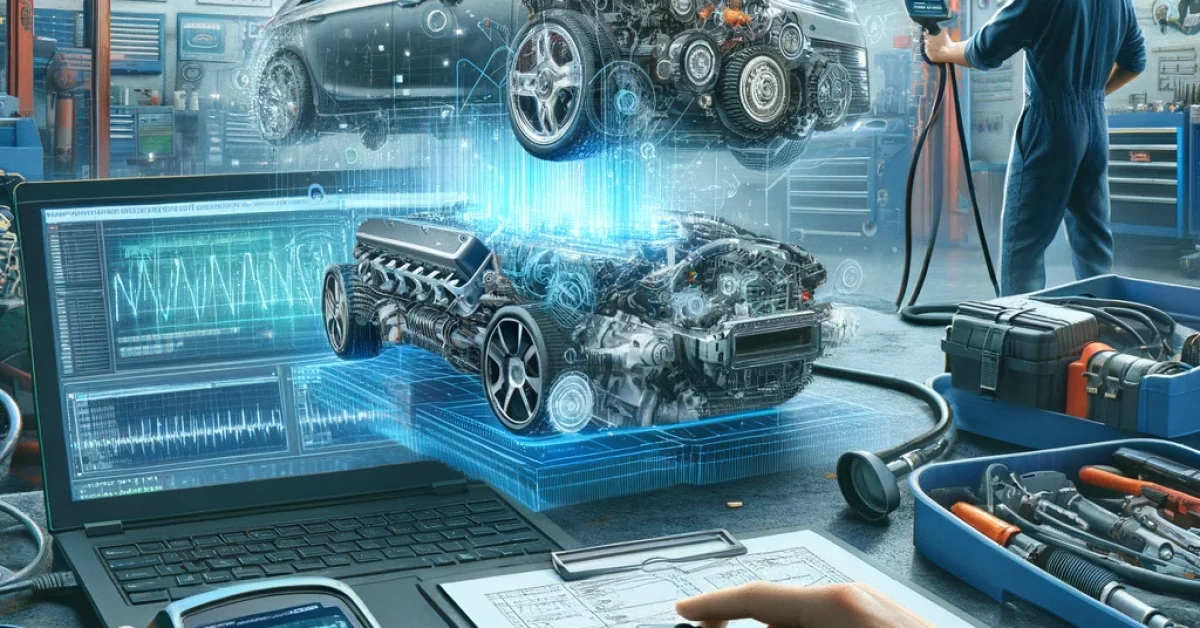 Technicians use digital tools for engine diagnostics, with holographic displays of car components in a high-tech garage.