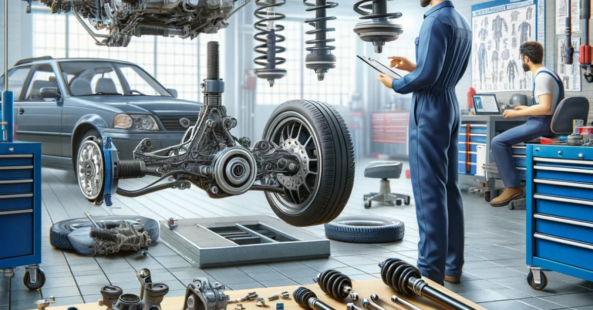 Mechanics in a high-tech garage work on a car's steering and suspension system, with parts and tools arranged on a table.